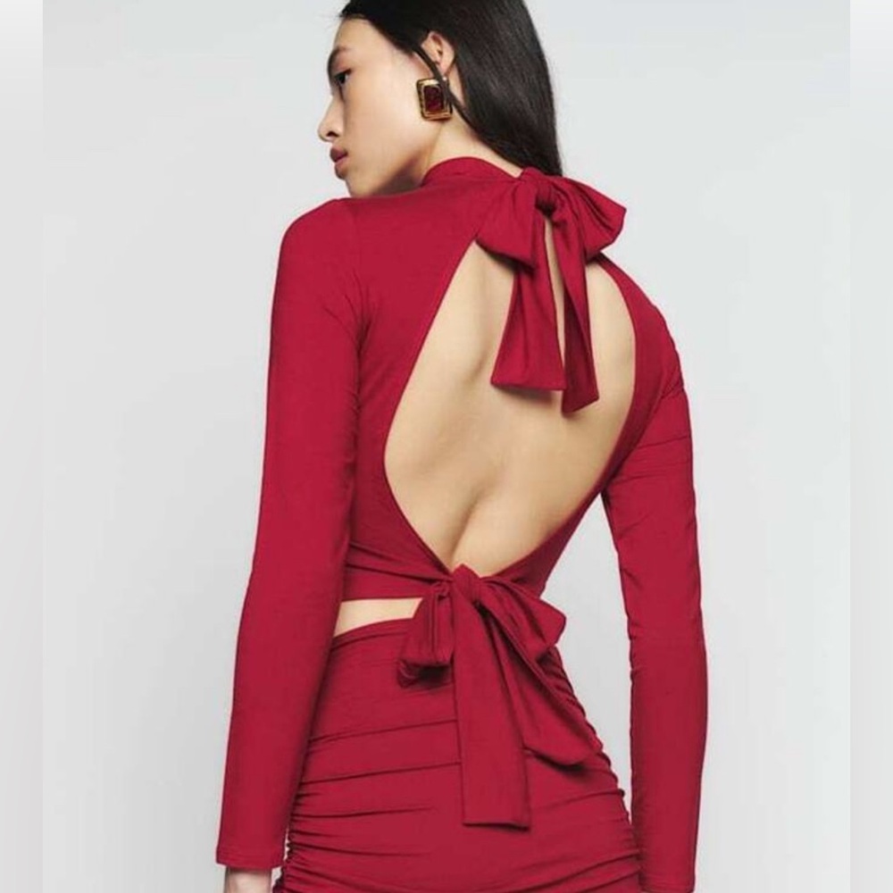Reformation Red Long-Sleeve Backless Bow Dress